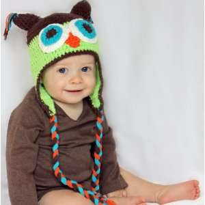   baby owl hat in green brown   fits 1 3 year old 