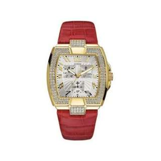  Guess Womens Watch Red Leather Swarovski Crystals 