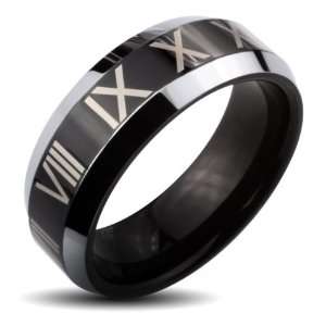   Black IP Center with Roman Numerals Beveled Band Ring   Size 10