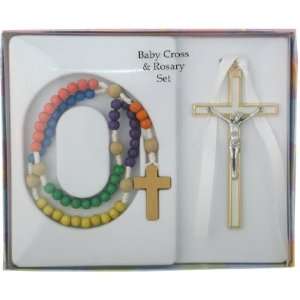  Boy/ Girl White Baby Crucifix & Non toxic Wood Bead Rosary 