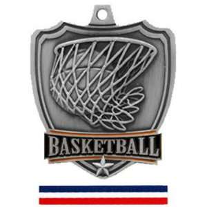  Custom Basketball Shield Medal W/Neck Ribbon SILVER MEDAL 