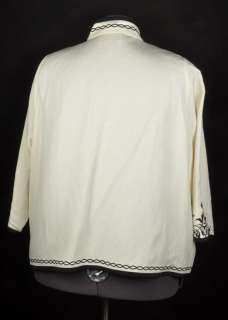 LINEA by LOUIS DELLOLIO Ivory & Black Linen Blend Embroidered Jacket 