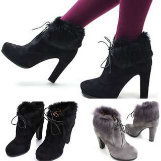 Womens Faux Fur Lace up Heels Platform Ankle Boots Booties Shoes Black 