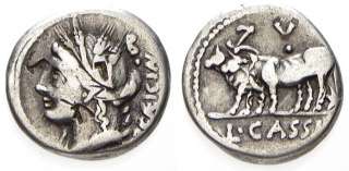 028. CASSIA 4, AR Denarius. Ceres / 2 Oxen. Fine  