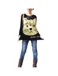 Allegra K Woman Batwing Sleeve Cat Print Stretchy Loose Shirt Black 