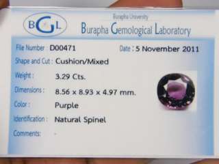 Natural Spinel Certified Ceylon Purple Cushion 3.29ct  