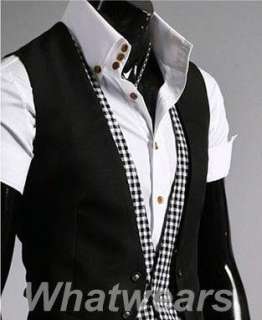 Mens Slim Fitted Stylish Vest Plaid Waistcoat Black 3 Size Z77  