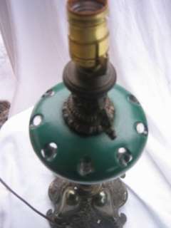 ANTIQUE GREEN DOTTED BRASS and GLASS TABLE LAMP  