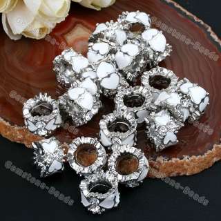 20X White Enamel Heart Crystal Large Hole Spacer Beads  