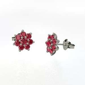  Flowering Stud Earrings, Round Ruby Platinum Stud Earrings 