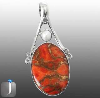 RED COPPER TURQUOISE OVAL PEARL 925 STERLING SILVER ARTISAN PENDANT 1 
