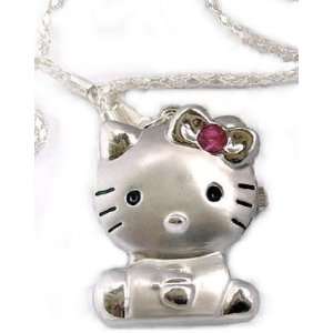 Cute Kitty Profile w/ pink crystal Locket Necklace Watch on 23 chain