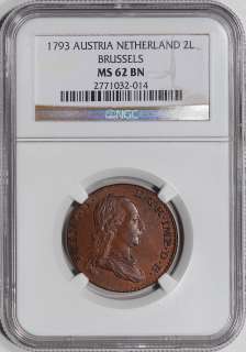 1793 Austrian Netherlands Brussels 2 Liards   NGC MS62 BN  