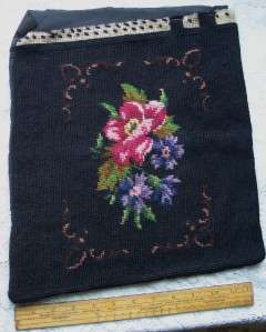Vintage Black Roses Floral Needlepoint Pillow or Chair Cover  