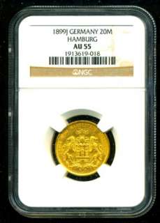 1899 J GERMANY HAMBURG GOLD COIN 20 MARK NGC CERTIFIED GENUINE GRADED 