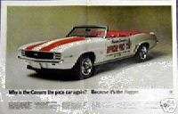 1969 Chevy Camaro Pace Car Ad / Very Nice   