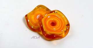 ROA Lampwork 2 Yellow Transparent Amber Ruffle Handmade Disc Art Glass 