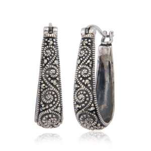  Sterling Silver Marcasite Oval Hoop Earrings Jewelry