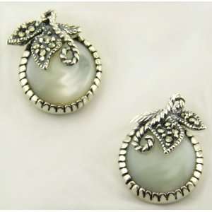  Mother of Pearl Marcasite Earrings, Silver Jewelry