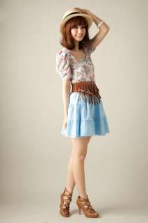 New Korea Women Sweet Puff Sleeve Floral Top plus Skirt  