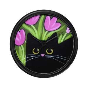  Black CAT Pink Tulips Art Wall Clock by 