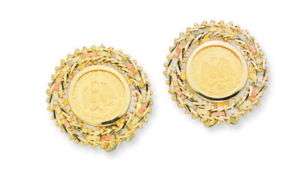 22K MEXICAN 2 PESOS COIN ON 14K TRI COLOR GOLD EARRINGS  