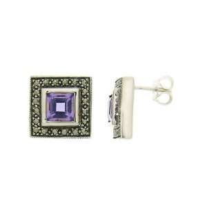    925 Sterling Silver Marcasite & Amethyst Stud Earrings Jewelry