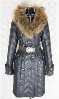 New Womens Raccon/Fox Collar Shiny Belt Long Coat S/M/L/XL 329 Black 