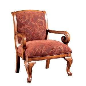   Damask Upholstery Accent Chair, Fruitwood Finish