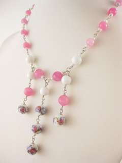DESIGNER SS Pink Stone Milk Glass Bead Necklace  