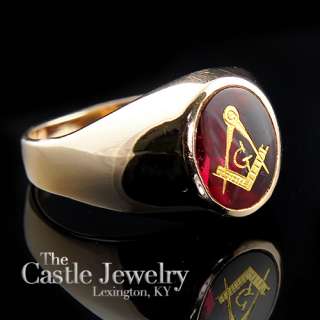MENS YELLOW GOLD MASONIC RING OVAL RED STONE SIZE 11  