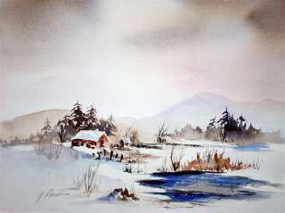 Original Watercolor by G. Roeson   Snow Landscape  
