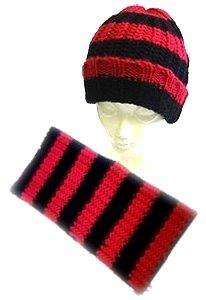 Winter Knit Hat Scarf Set Ski Beanie Red Black Striped  