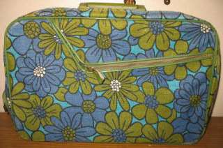 VINTAGE Flower Floral Carry On Suitcase Travel Bag 60s 1970s Olive 