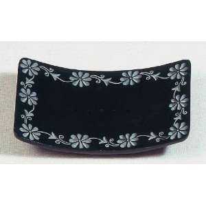 Black Soapstone Plate With Flower Carving   5.5 By 3.5 Incense 