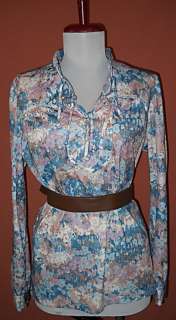 VTG* 70s FLORAL TOP sz 14 pastel TUNIC blouse FRINGE tassel art 