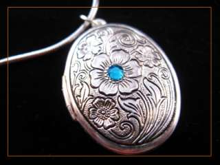 blue sapphire flower oval picture locket charm pendant necklace 6363