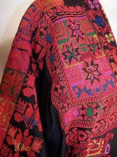 Vintage Bedouin Palestinian Embroidered Black Linen Kaftan Folk Dress 