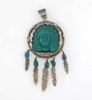 Indian Face Headdress Turquoise Sterling Silver Pendant  