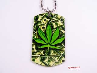 Weed Marijuana Leaf Dollar $ Hip Hop Dog tags Dogtag Necklace Pendant 