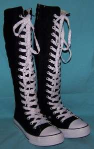   LACE UP KNEE HIGH TOP SNEAKERS BOOTS SIZE 10 BLACK WHITE LACES  