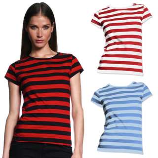   Shirt S XL Horizontal Black White Red Blue Stripes Womens Cute  