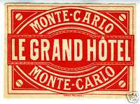 Large 1920 Luggage Label Le Grand Hotel Monte Carlo  