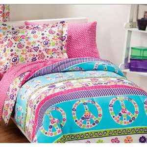 Pink & Blue Peace Signs & Love Twin Comforter Set (5 Piece Bed In A 