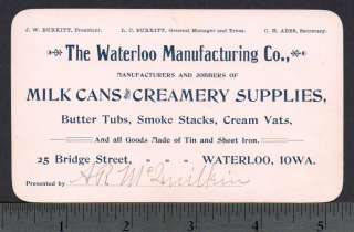 Waterloo Mfg IA Milk Can Creamery Supplies Burkitt CARD  