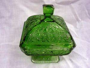 VTG JEANNETTE GREEN ACORN FOOTED COMPOTE CANDY DISH  