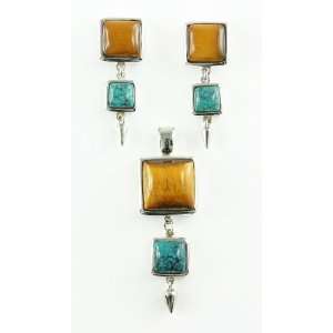  Sterling Silver Square Tigers Eye & Turquoise Pendant and 