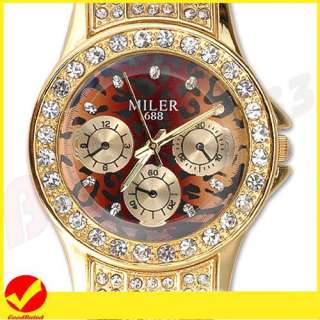 Crystal Decor Leopard Leather Quartz Ladies Wrist Watch  