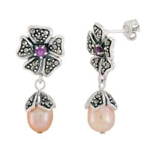   Silver Marcasite Amethyst Flower Pink Pearl Drop Earrings Jewelry