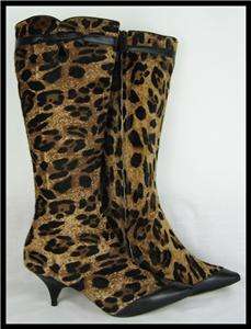 ADRIENNE VITTADINI Johnnie Leopard Calf hair Black leather tall boots 